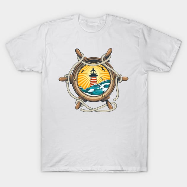 Steering Ship Wheel with Lighthouse Inside T-Shirt by devaleta